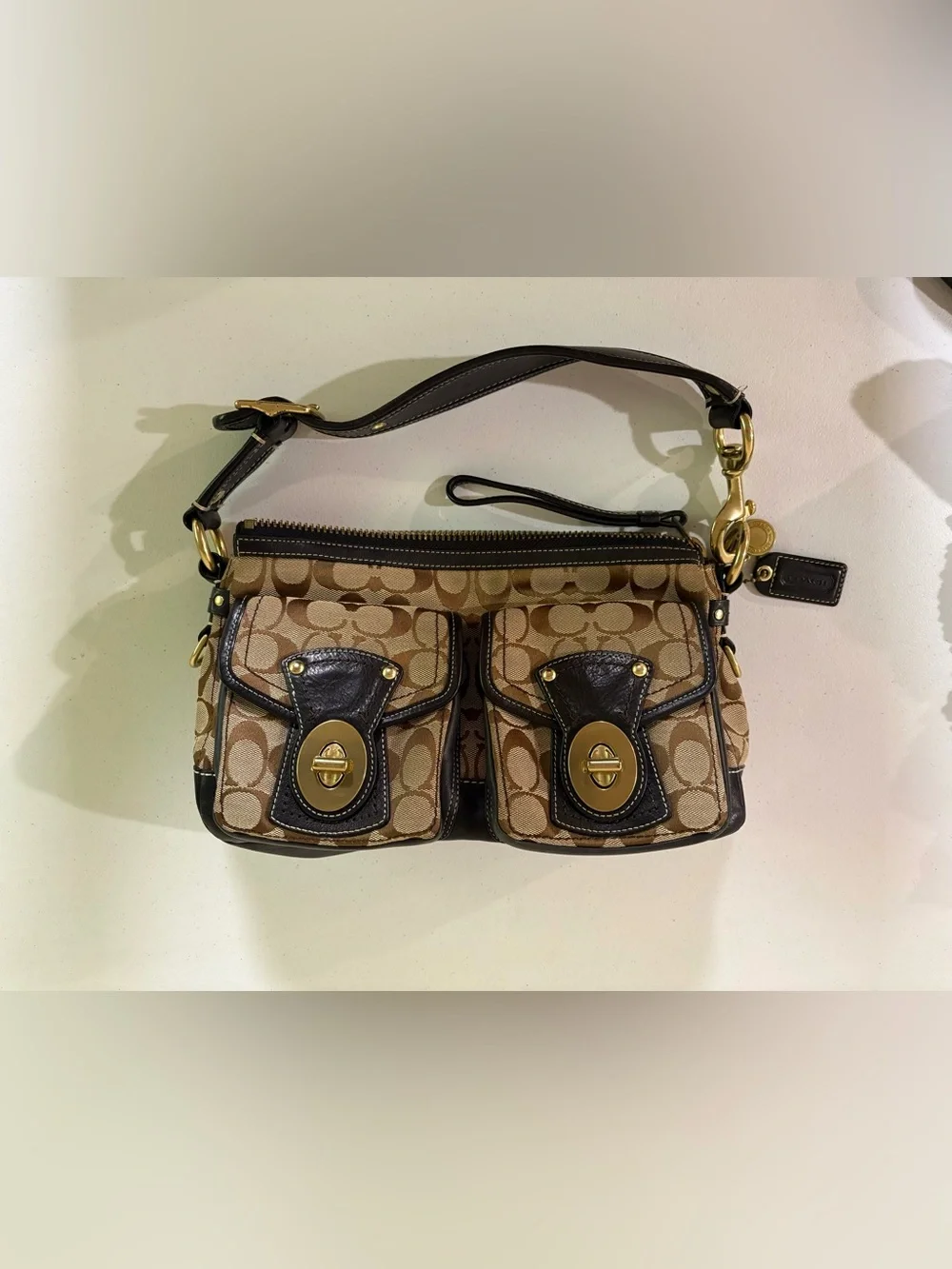 Coach 65th Legacy Signature Shoulder Bag, Black Trim, Stripe Lining F06K - 10339